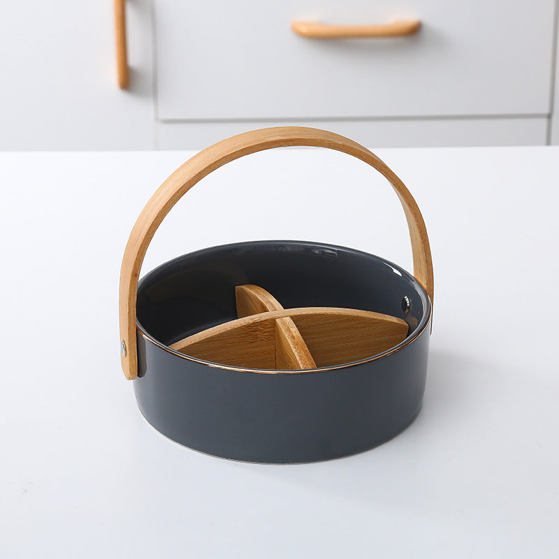 Round serving and storage set with bamboo handle and three-part interior divider