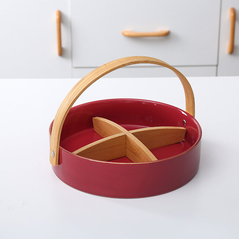 Round serving and storage set with bamboo handle and three-part interior divider