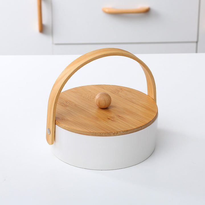 Round serving and storage set with bamboo handle and three-part interior divider