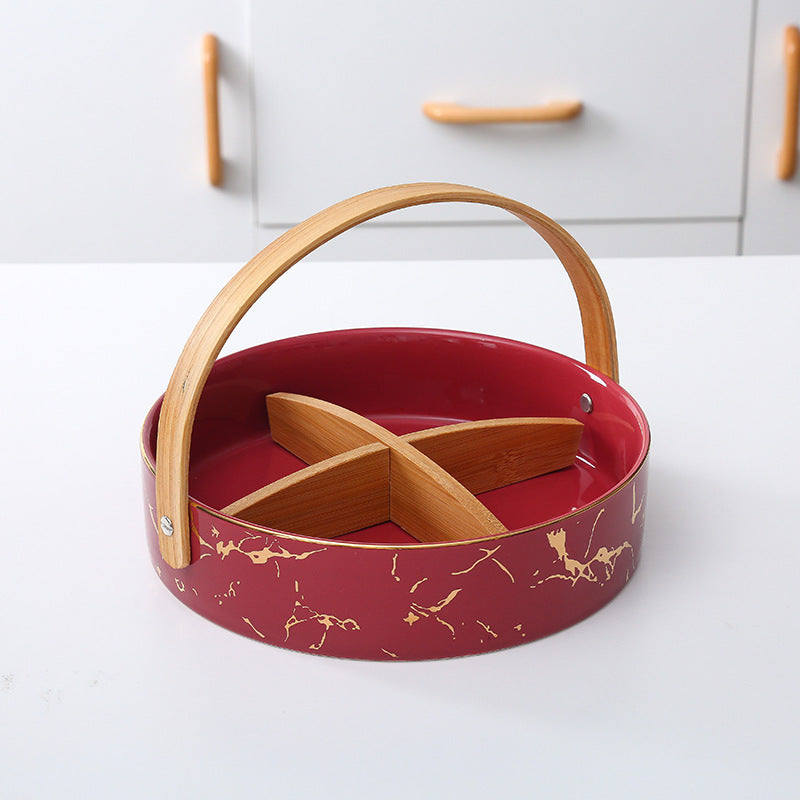 Kitchen organizer with bamboo handle and four-part insert, marbled snack bowl