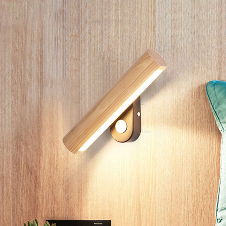 Rotatable Tube Bedside Wall Mount Light Wood 8.5"/12.5" Wide LED Simple Wall Lamp Fixture in Warm/White Light | Kalsten