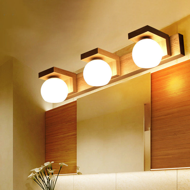Linear Bathroom Vanity Sconce Wood 2/3 Heads Nordic Wall Mount Lamp with Ball Opal Glass Shade | Kalsten