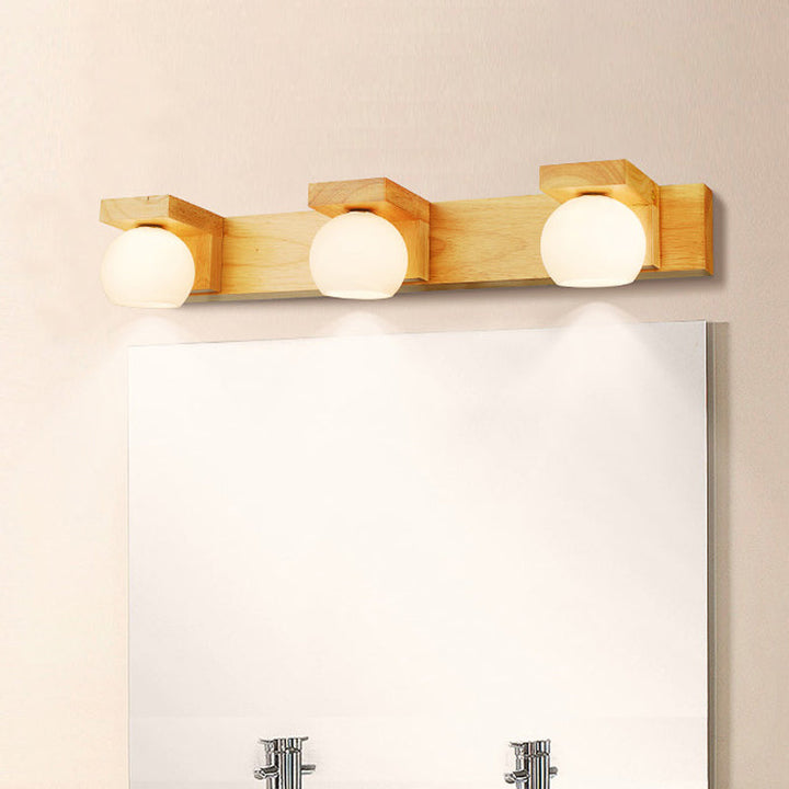 Linear Bathroom Vanity Sconce Wood 2/3 Heads Nordic Wall Mount Lamp with Ball Opal Glass Shade | Kalsten