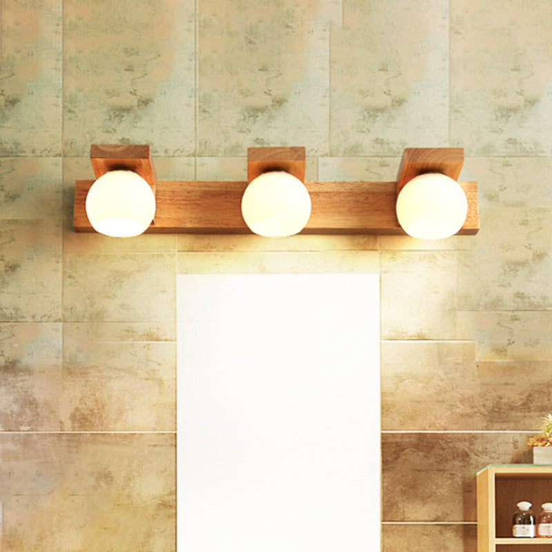 Linear Bathroom Vanity Sconce Wood 2/3 Heads Nordic Wall Mount Lamp with Ball Opal Glass Shade | Kalsten