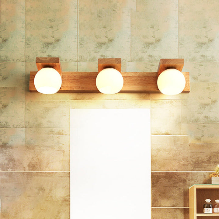 Linear Bathroom Vanity Sconce Wood 2/3 Heads Nordic Wall Mount Lamp with Ball Opal Glass Shade | Kalsten