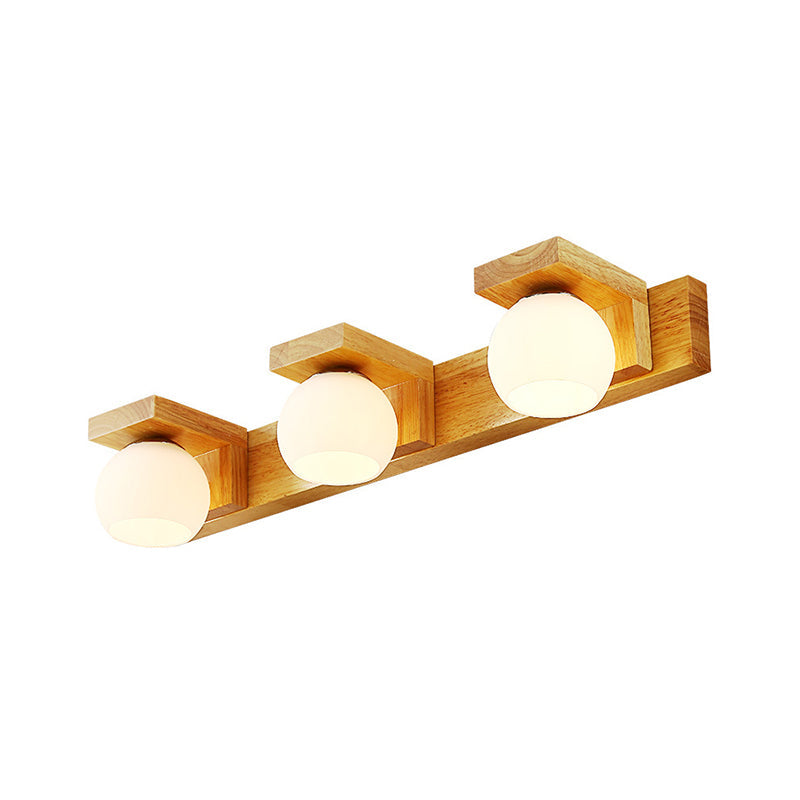 Linear Bathroom Vanity Sconce Wood 2/3 Heads Nordic Wall Mount Lamp with Ball Opal Glass Shade | Kalsten