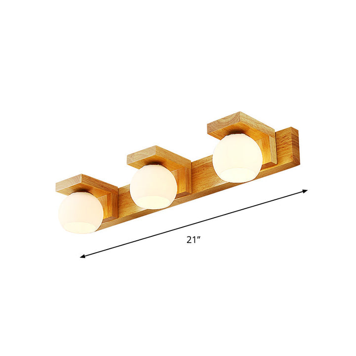 Linear Bathroom Vanity Sconce Wood 2/3 Heads Nordic Wall Mount Lamp with Ball Opal Glass Shade | Kalsten