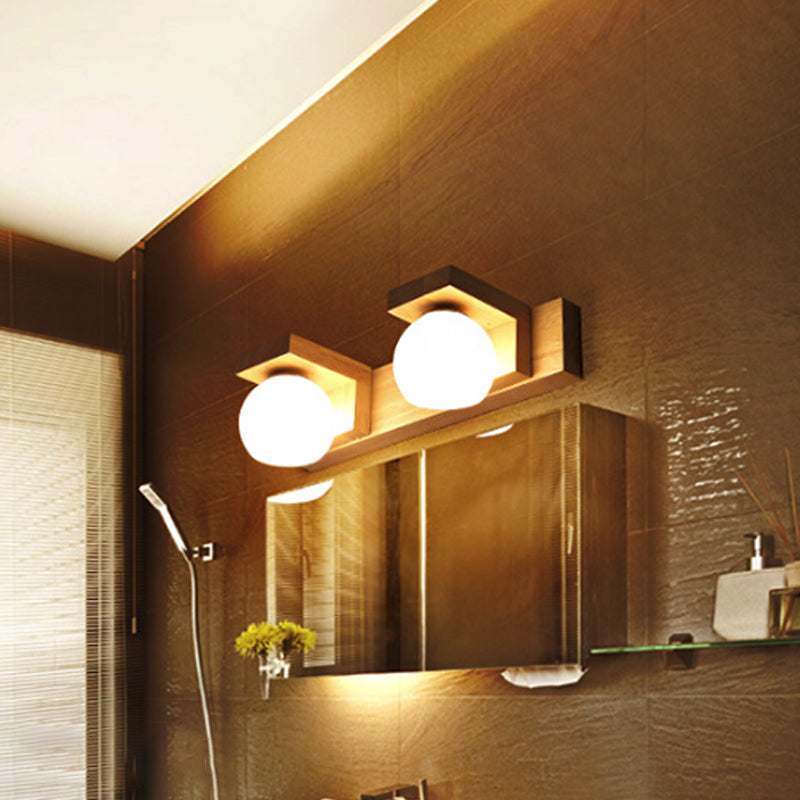 Linear Bathroom Vanity Sconce Wood 2/3 Heads Nordic Wall Mount Lamp with Ball Opal Glass Shade | Kalsten