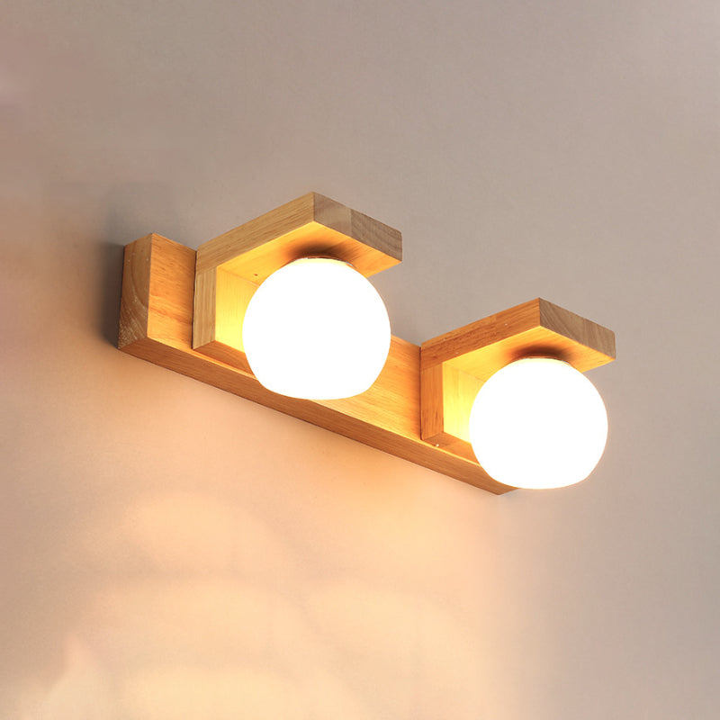 Linear Bathroom Vanity Sconce Wood 2/3 Heads Nordic Wall Mount Lamp with Ball Opal Glass Shade | Kalsten