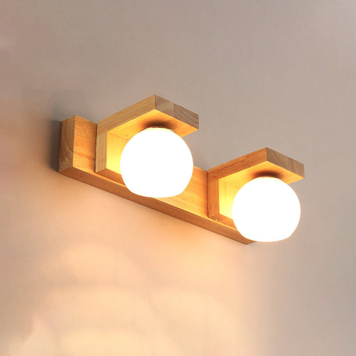 Linear Bathroom Vanity Sconce Wood 2/3 Heads Nordic Wall Mount Lamp with Ball Opal Glass Shade | Kalsten