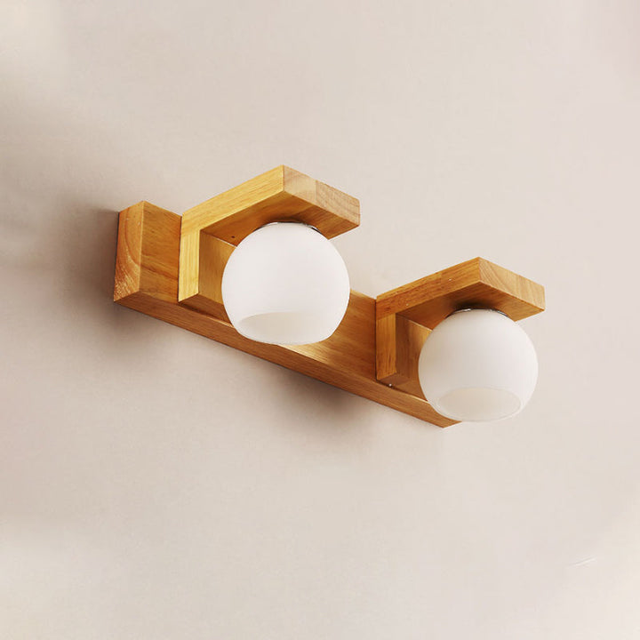 Linear Bathroom Vanity Sconce Wood 2/3 Heads Nordic Wall Mount Lamp with Ball Opal Glass Shade | Kalsten