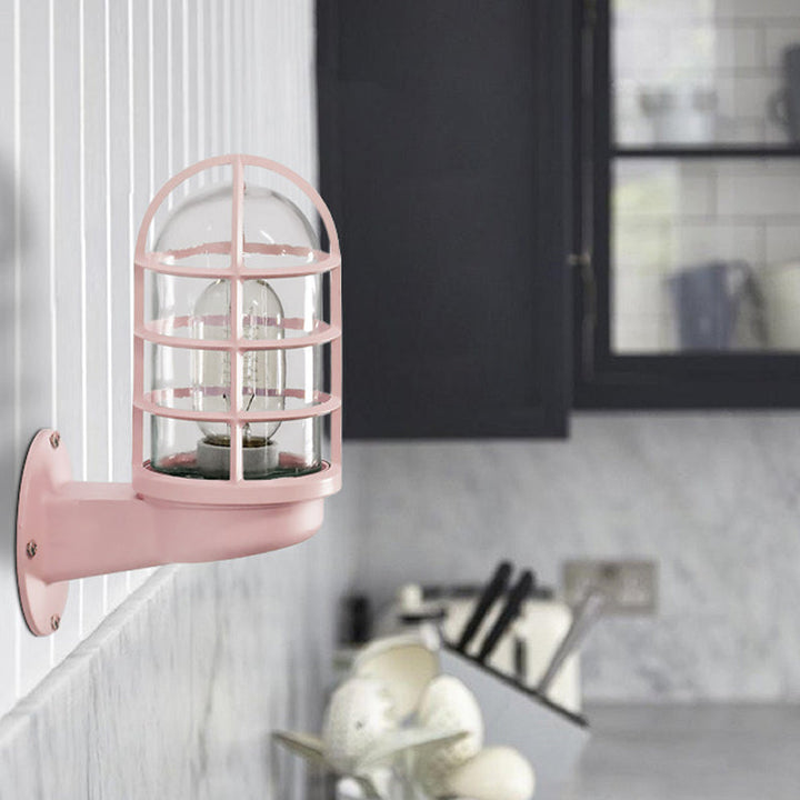 Loft Capsule Wall Lamp Fixture Single Transparent Glass Sconce Light with Wire Cage in Pink/Blue/Rust | Kalsten