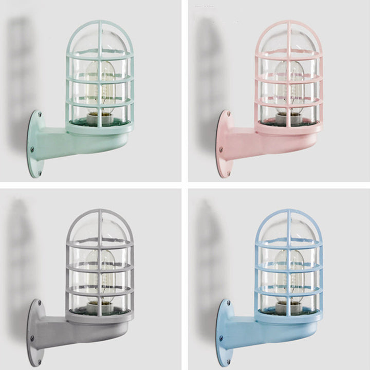 Loft Capsule Wall Lamp Fixture Single Transparent Glass Sconce Light with Wire Cage in Pink/Blue/Rust | Kalsten