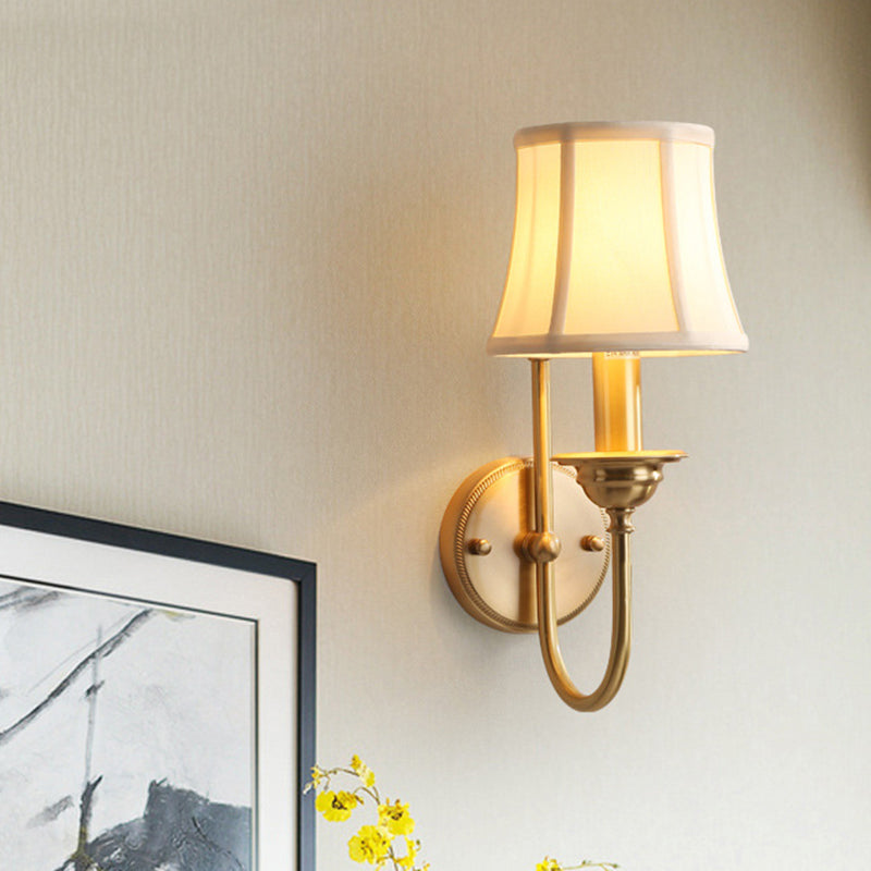 Flared Living Room Wall Lighting Antiqued Fabric 1 Bulb Gold Wall Mounted Lamp with U Shaped Arm | Kalsten