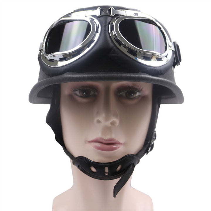 Vintage Leather Motorcycle Helmet with Chrome Goggles Kalsten