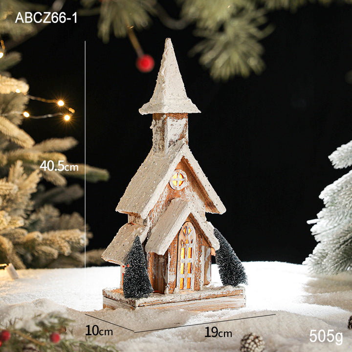 Illuminated wooden snow house in European style