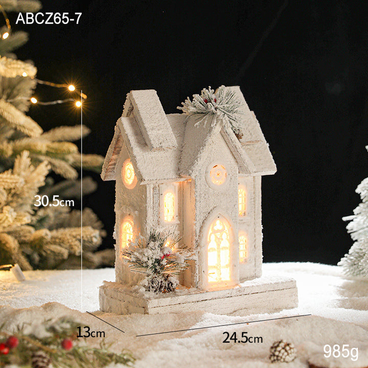 Illuminated wooden snow house in European style