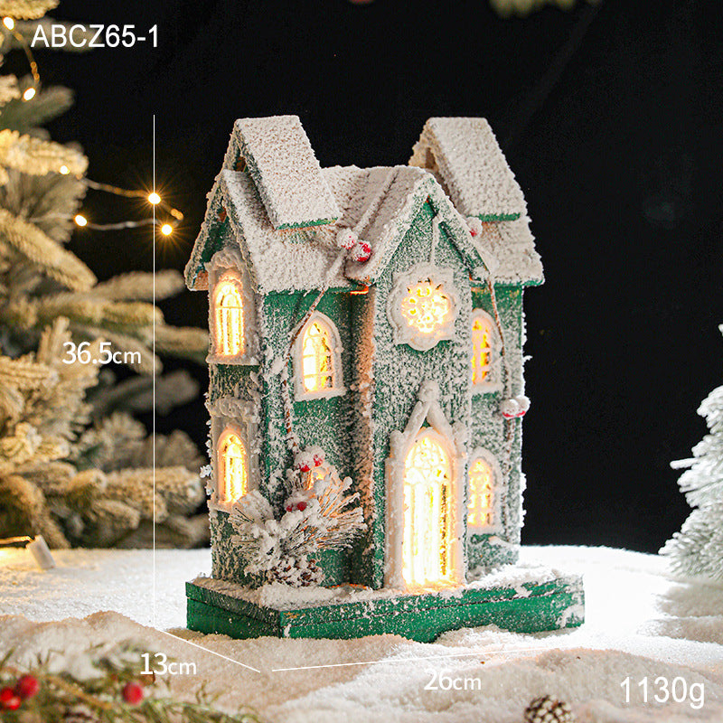 Illuminated wooden snow house in European style