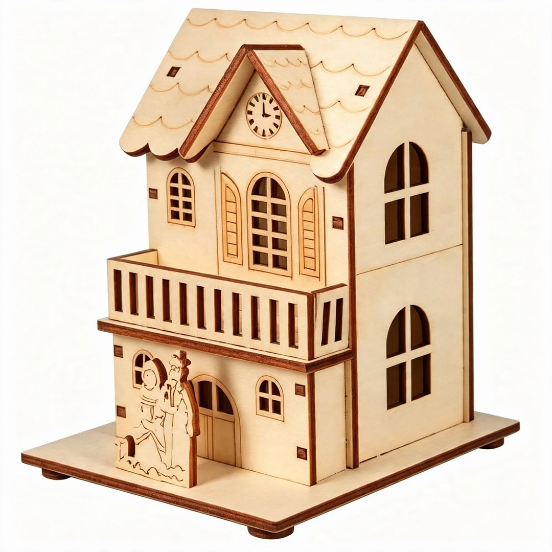 Illuminated wooden Christmas house, table decoration