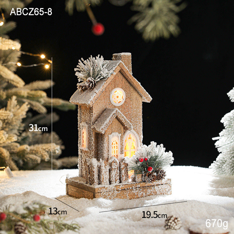Illuminated wooden snow house in retro style