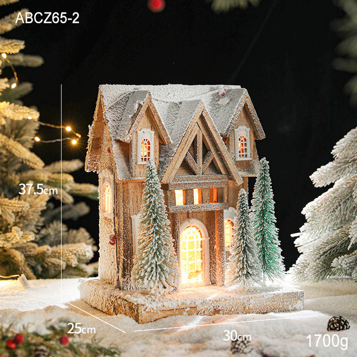 Illuminated wooden snow house in European style
