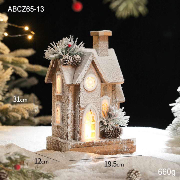 Illuminated wooden snow house in retro style
