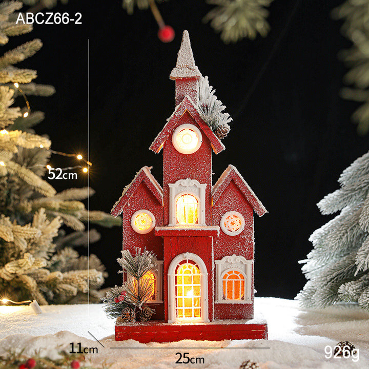 Illuminated wooden snow house in European style