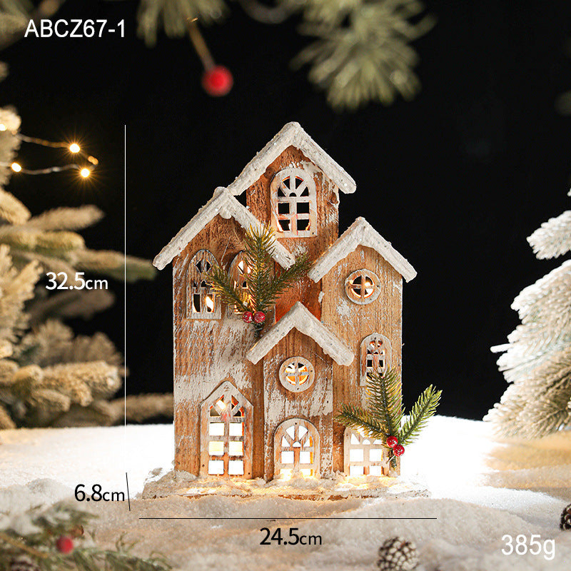 Illuminated wooden snow house in retro style