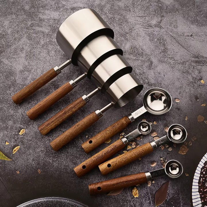 MeasureWood Measuring Spoons and Measuring Cups Set Stainless Steel Oak Wood 8-piece | Kalsten