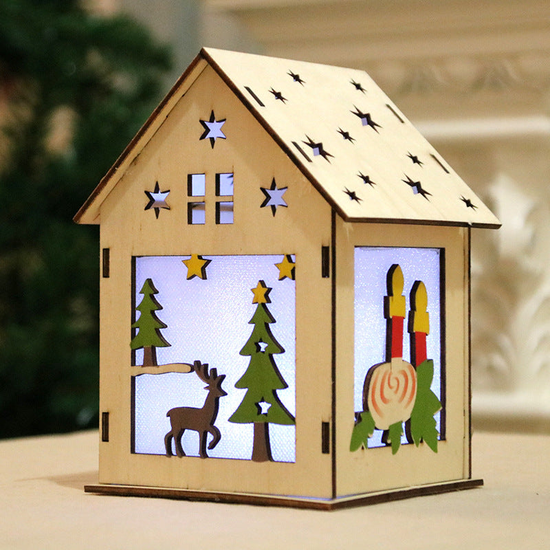 Illuminated wooden Christmas house, decorative