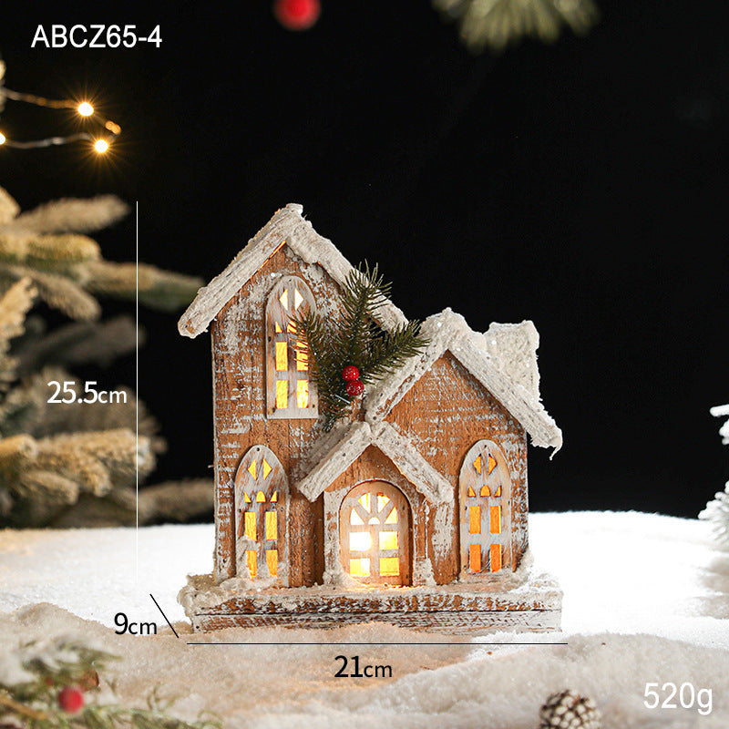 Illuminated wooden snow house in retro style