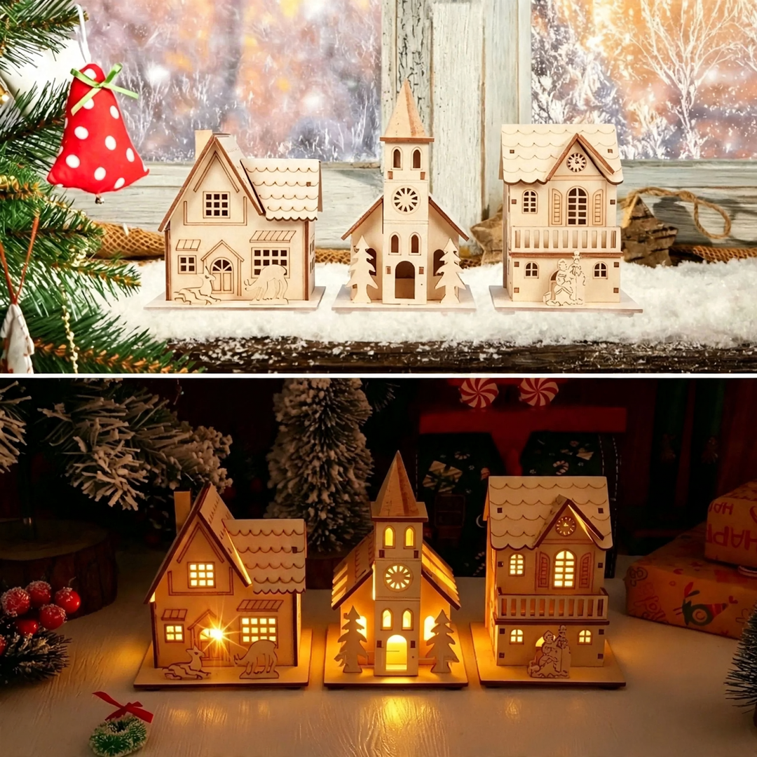 Illuminated wooden Christmas house, table decoration