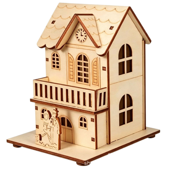 Illuminated wooden Christmas house, table decoration