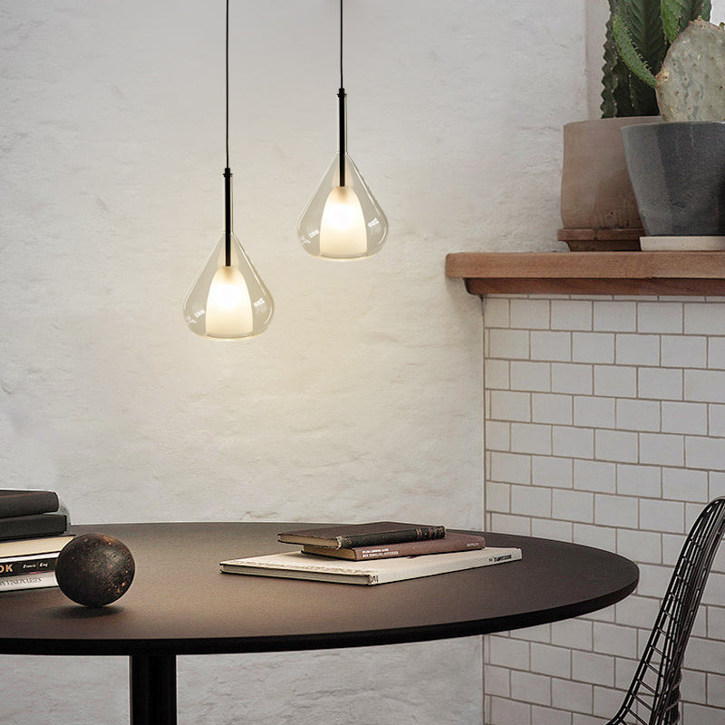 Industrial pendant light with double glass and raindrop design - Small hanging lamp for dining room and kitchen, modern minimalist design | Kalsten