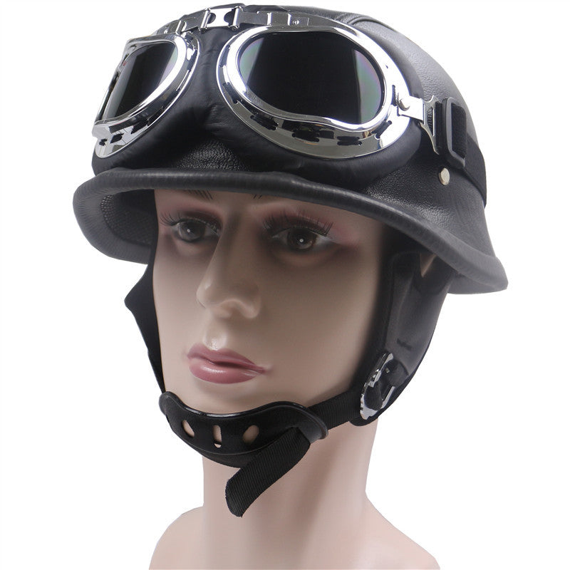 Vintage Leather Motorcycle Helmet with Chrome Goggles Kalsten