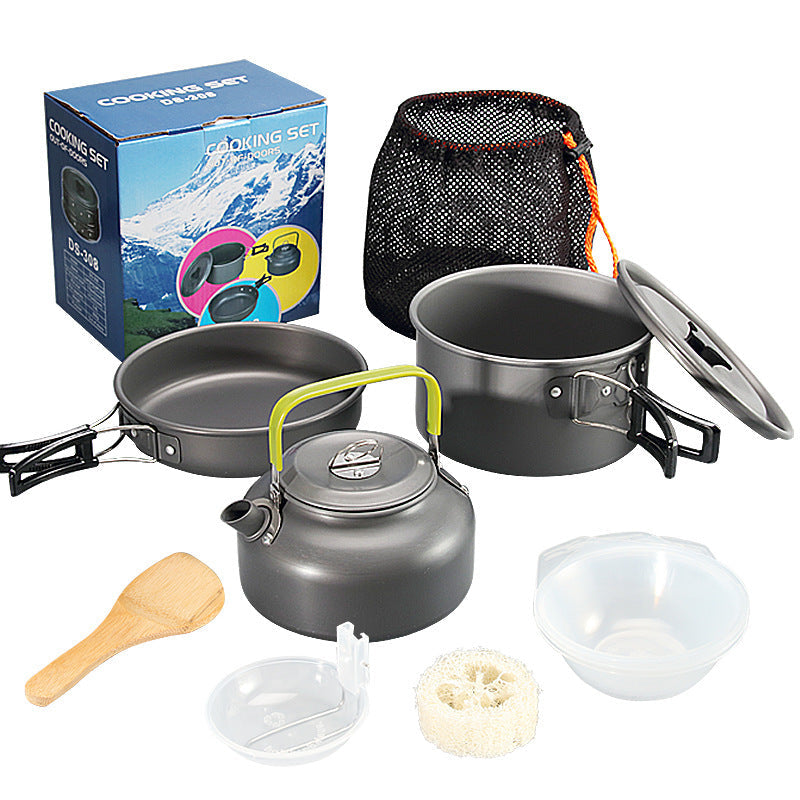 lightweight collapsible camping cookware kit with nonstick anodized pots pan kettle and folding handles Kalsten