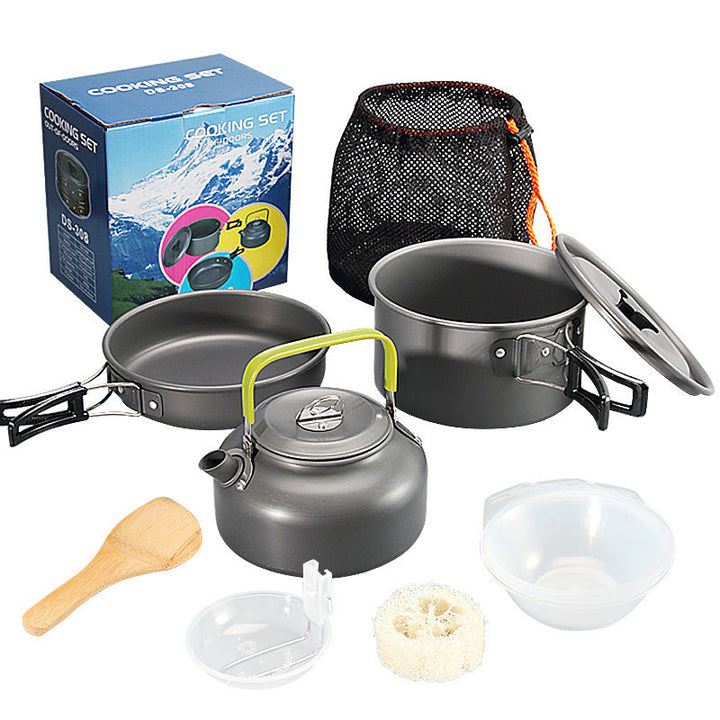 lightweight collapsible camping cookware kit with nonstick anodized pots pan kettle and folding handles Kalsten