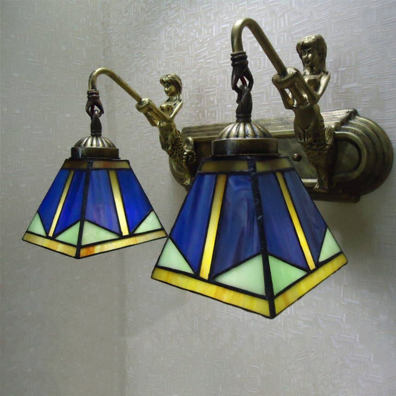 Kalsten | Trapezium Wall Mount Lamp Fixture Tiffany Bronze Cut Glass Wall Lighting with Mermaid Arm