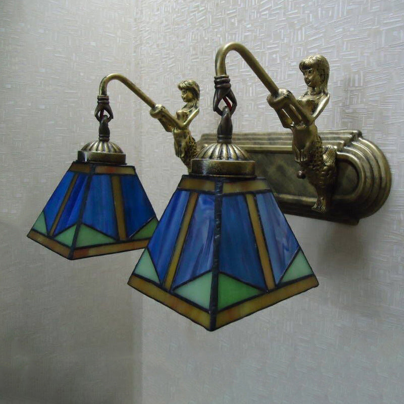 Kalsten | Trapezium Wall Mount Lamp Fixture Tiffany Bronze Cut Glass Wall Lighting with Mermaid Arm