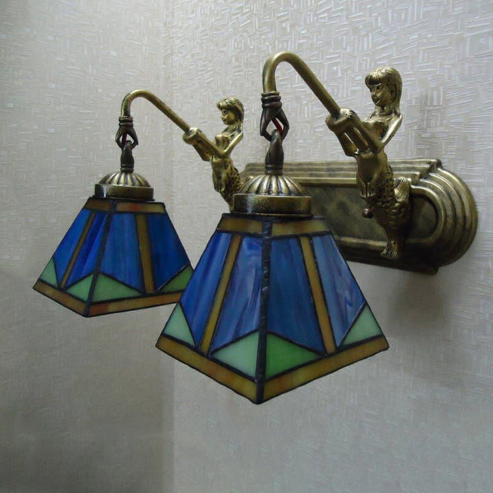 Kalsten | Trapezium Wall Mount Lamp Fixture Tiffany Bronze Cut Glass Wall Lighting with Mermaid Arm