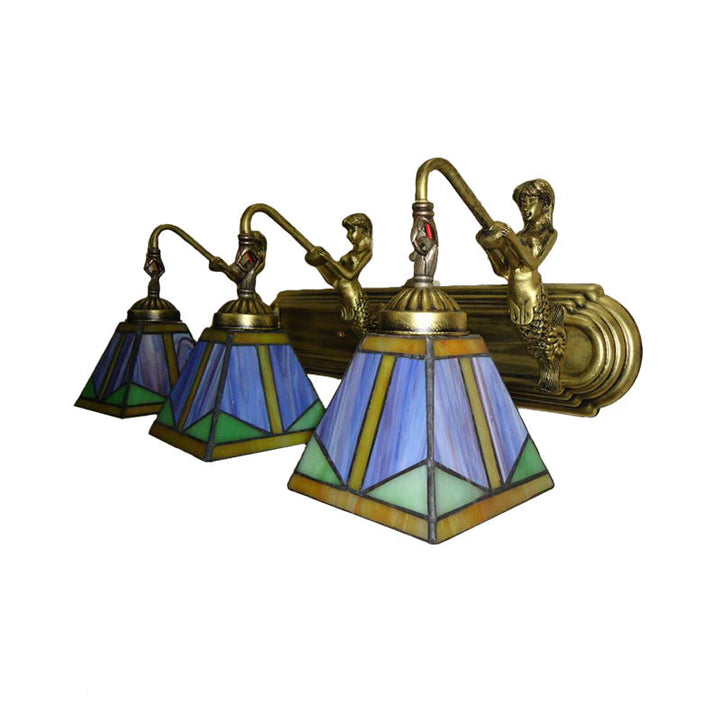 Kalsten | Trapezium Wall Mount Lamp Fixture Tiffany Bronze Cut Glass Wall Lighting with Mermaid Arm