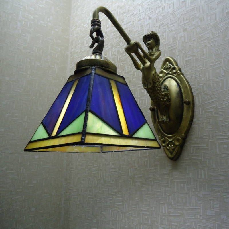 Kalsten | Trapezium Wall Mount Lamp Fixture Tiffany Bronze Cut Glass Wall Lighting with Mermaid Arm