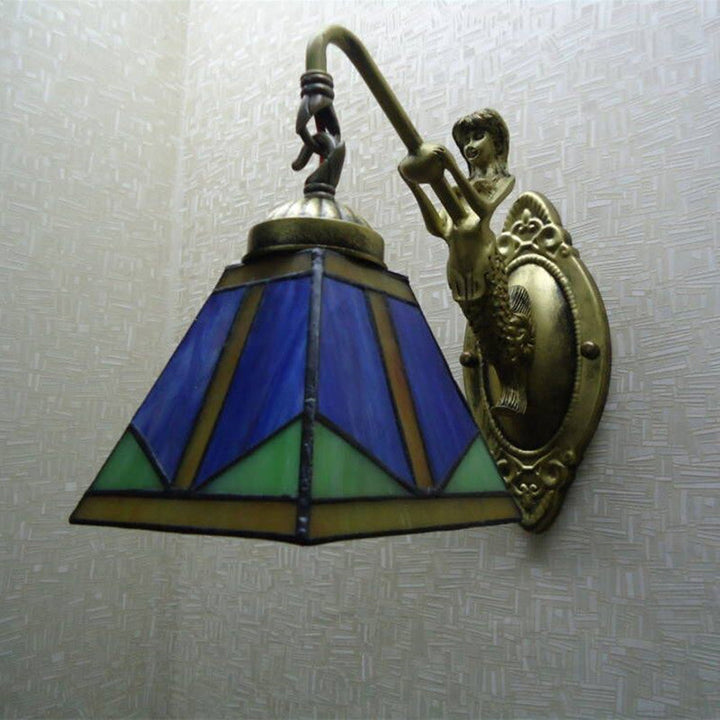 Kalsten | Trapezium Wall Mount Lamp Fixture Tiffany Bronze Cut Glass Wall Lighting with Mermaid Arm