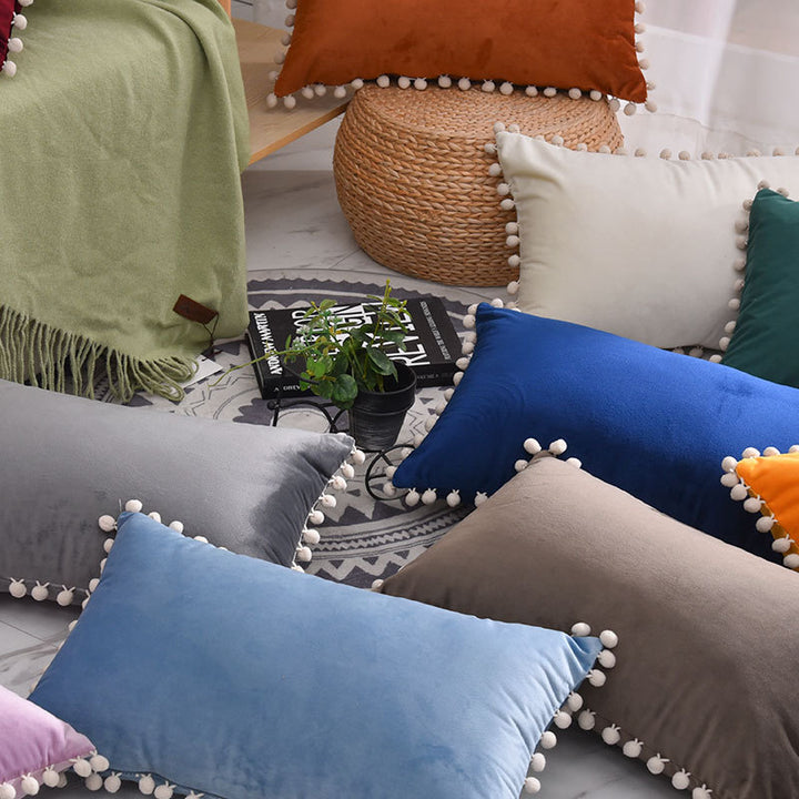 Rectangular Pom-Pom Trim Lumbar Pillow Cover Cotton-Linen Blend with Hidden Zipper