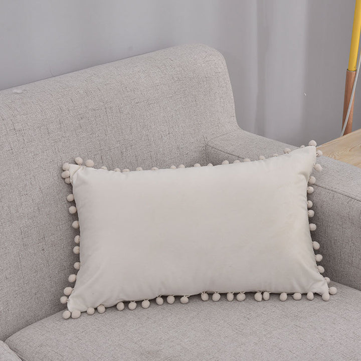 Rectangular Pom-Pom Trim Lumbar Pillow Cover Cotton-Linen Blend with Hidden Zipper