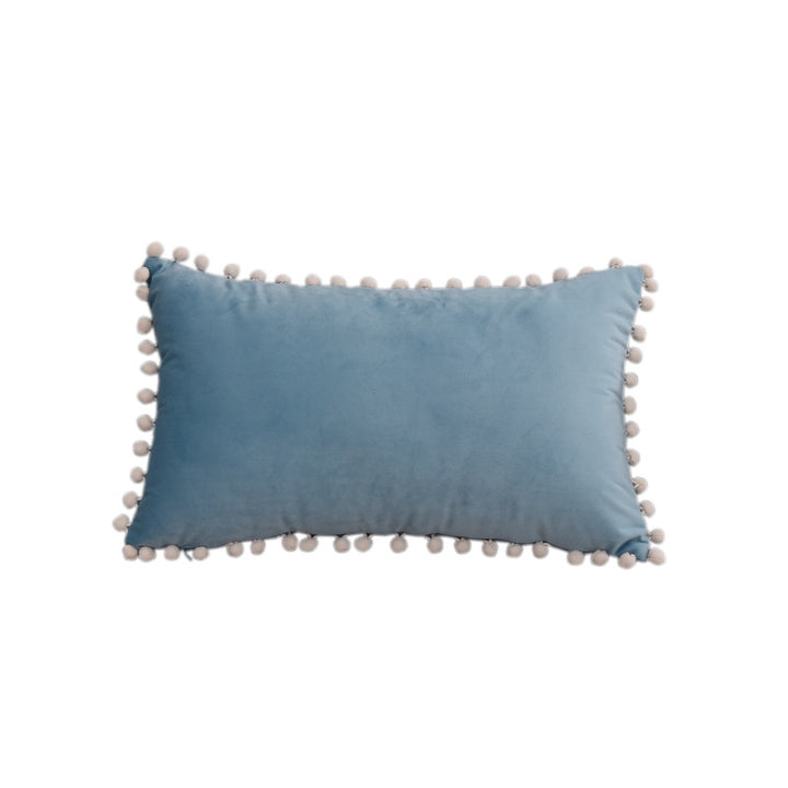Rectangular Pom-Pom Trim Lumbar Pillow Cover Cotton-Linen Blend with Hidden Zipper