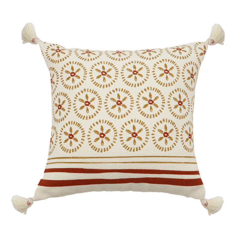 Square embroidered cotton pillowcase with tassels and woven circle ornament