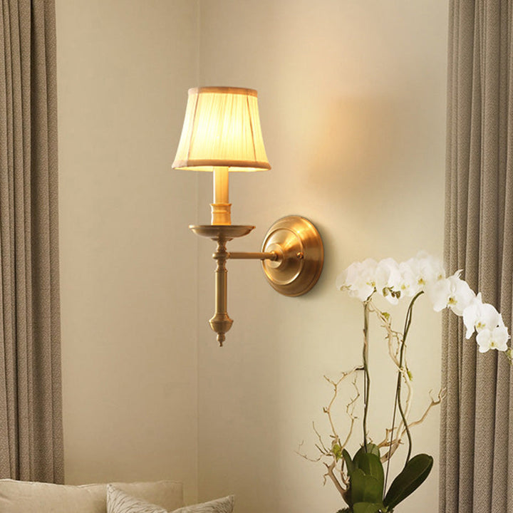 Candlestick Living Room Wall Lighting Vintage Metal Single Gold Sconce Light with Empire Fabric Shade | Kalsten
