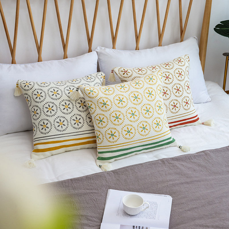 Square embroidered cotton pillowcase with tassels and woven circle ornament
