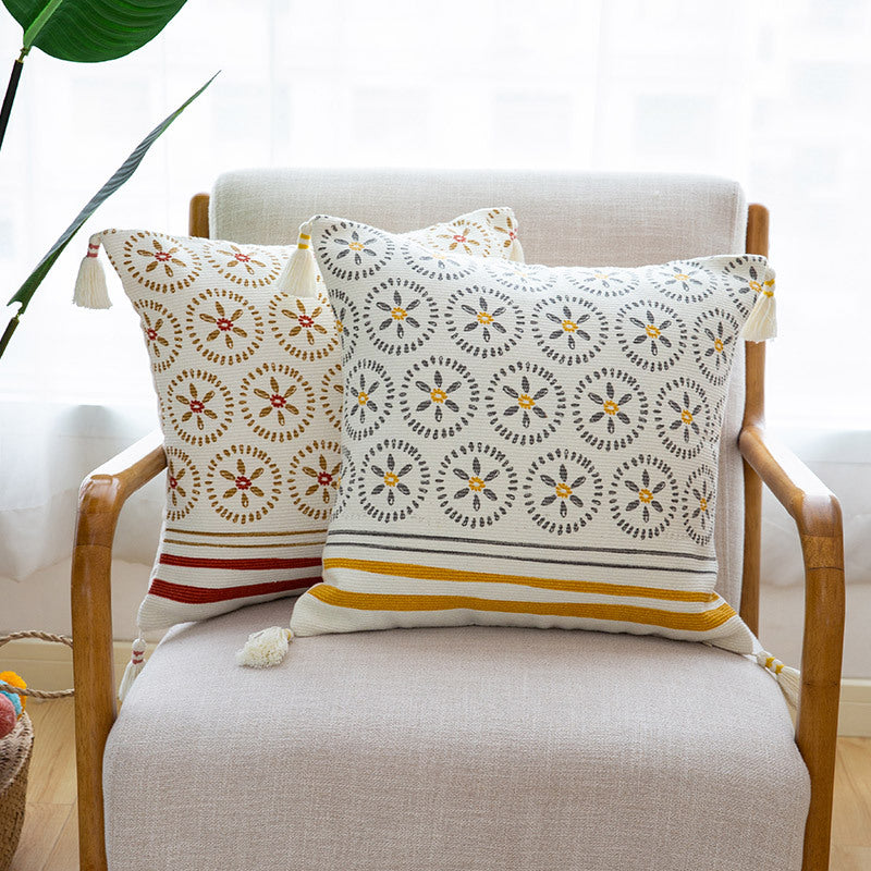 Square embroidered cotton pillowcase with tassels and woven circle ornament